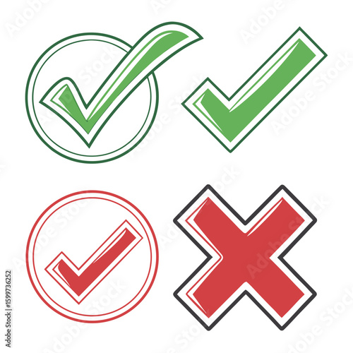 Four graphic checkmark and cross symbols in green and red on white background tick