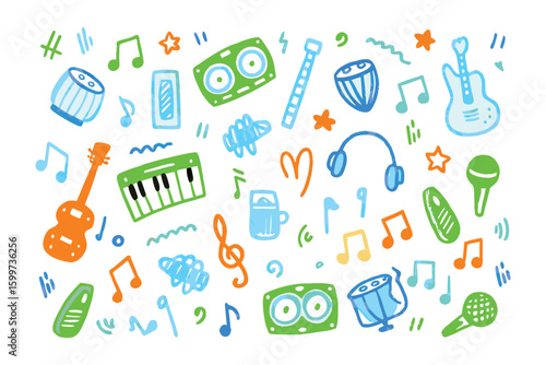 Melodic Symphony: A vibrant array of hand-drawn musical elements dances across a cheerful canvas, each note and instrument creating a harmonious visual tune.