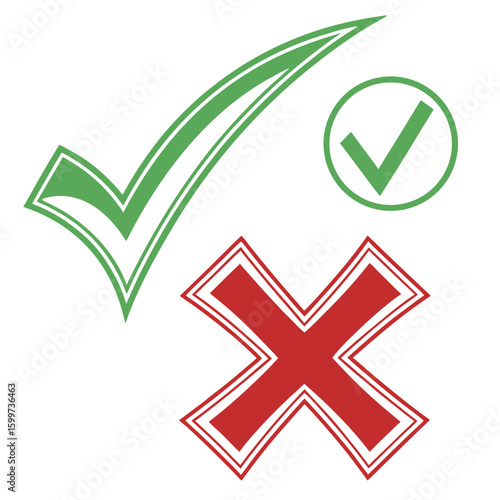 Green check mark and red cross symbols on white background vector