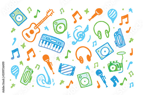 Harmonic Doodle: A playful, colorful doodle of musical instruments and notes, creating a lively and vibrant visual of audio creativity and expression.