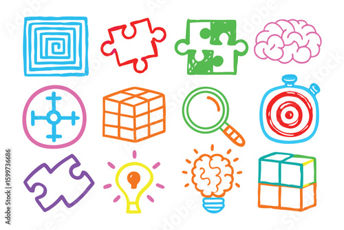 Thinking outside the box: Hand-drawn elements showcase innovation, ideas, puzzles, and the power of mental capabilities 