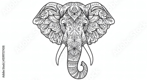 Stylized Decorative Elephant Head with Intricate Indian-Inspired Patterns and Ornaments – Symmetrical Vector Line Art, Peaceful Expression, Centered on White Background, Cultural and Elegant Design