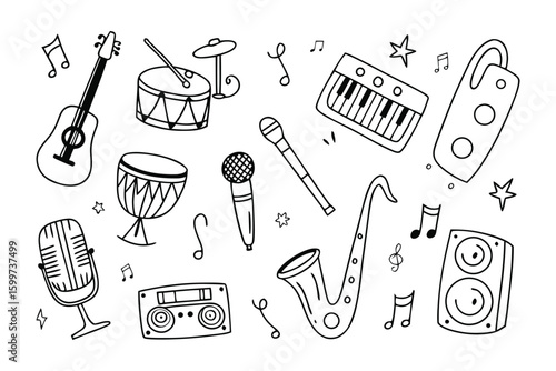 Harmony of Instruments: An enchanting illustration showcases a variety of musical instruments, each poised to contribute to a symphony of melodies. Discover a world of sounds with drums, guitar.