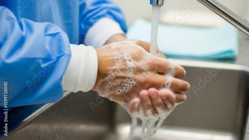 Doctor Thoroughly Washing Hands with Soap Under Running Water in Hospital Sink