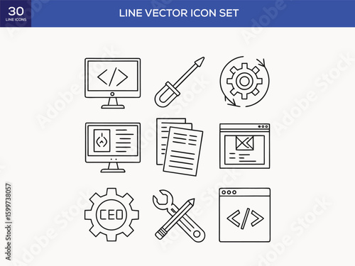 Thin line vector icon set. 30 icons. Pixel perfect. The set consists of icons such as Web Design, Code Writing, Web Page, Text Writing, Coding, Web Page Error, Creativity, Repairing, Color Swatch, 