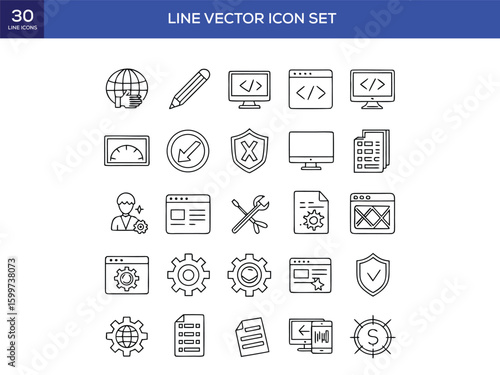 Thin line vector icon set. 30 icons. Pixel perfect. The set consists of icons such as Web Design, Code Writing, Web Page, Text Writing, Coding, Web Page Error, Creativity, Repairing, Color Swatch, 
