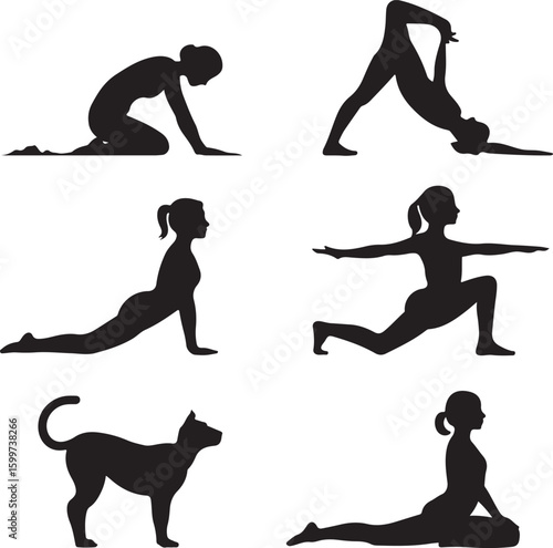 Silhouettes of people and cat in yoga poses fitness