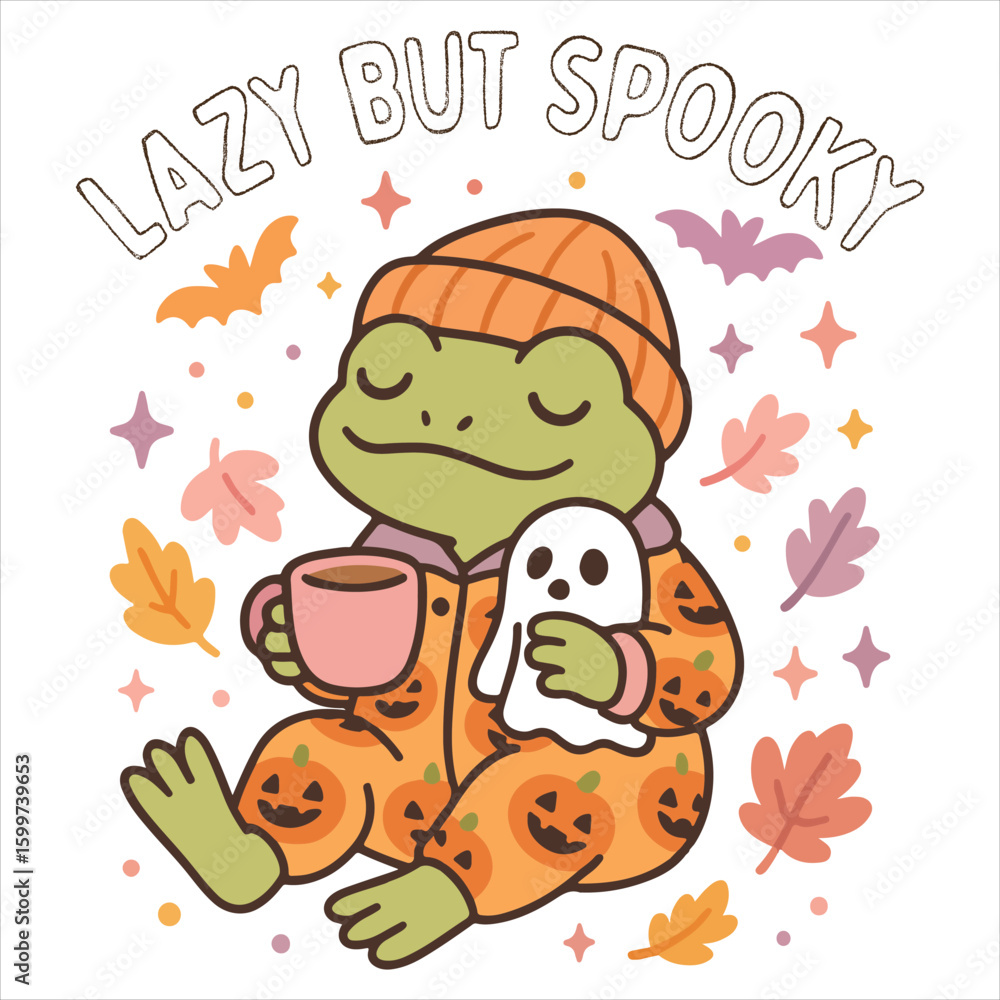 Fototapeta premium Lazy But Spooky - Funny Halloween Frog T-shirt Vector, Spooky Kawaii Frog Shirt Design, Spooky Season Tee Design, Kawaii Halloween Animal Clipart, Halloween Ghost Cartoon Frog Illustration