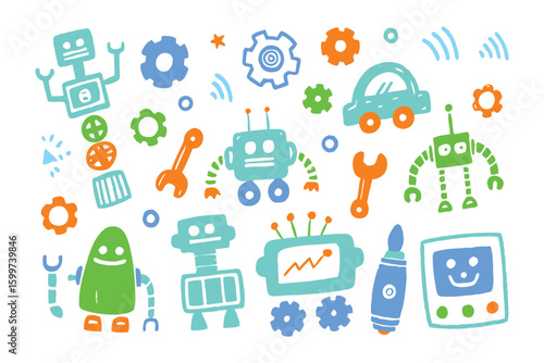 Whimsical Robot World: A collection of adorable, hand-drawn robots, gears, and tools create a playful illustration, perfect for sparking imagination and creativity. 