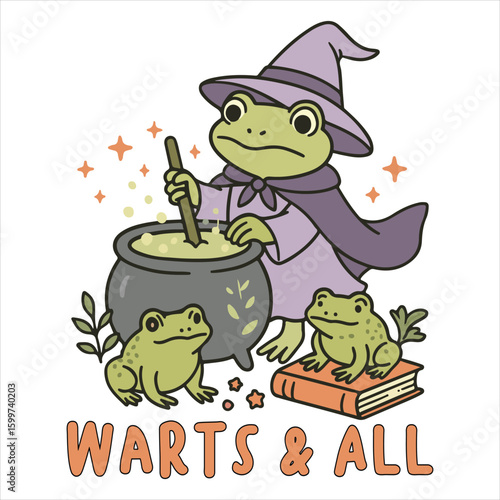 Warts And All - Funny Halloween Frog T-shirt Vector, Spooky Kawaii Frog Shirt Design, Spooky Season Tee Design, Kawaii Halloween Animal Clipart, Halloween Ghost Cartoon Frog Illustration