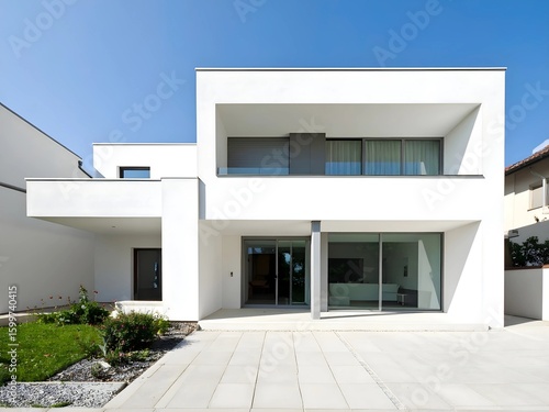 A Contemporary White House with a Balcony and a Small Garden, AI Generated