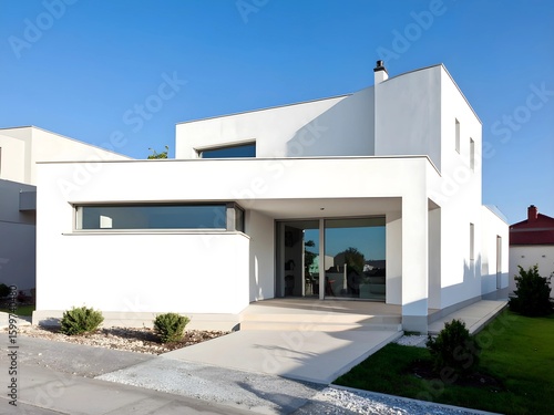 A Minimalist White House with a Flat Roof and a Green Lawn, AI Generated