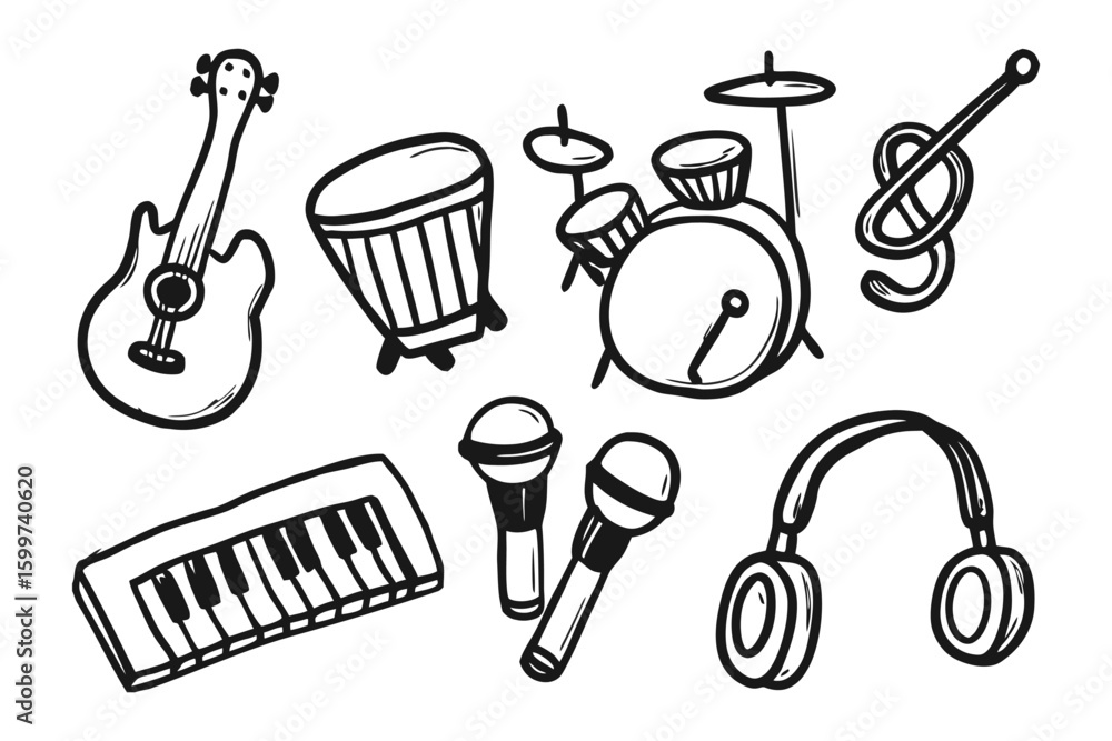 Obraz premium Musical Symphony: A collection of line art musical instruments creates a harmonious artistic composition, a visual celebration of the sonic arts.