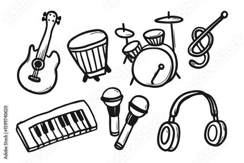 Musical Symphony: A collection of line art musical instruments creates a harmonious artistic composition, a visual celebration of the sonic arts.