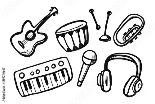 Musical Instruments Ensemble: A captivating ensemble of musical instruments, hand-drawn with simple, clean lines, capturing the essence of music's diverse components.