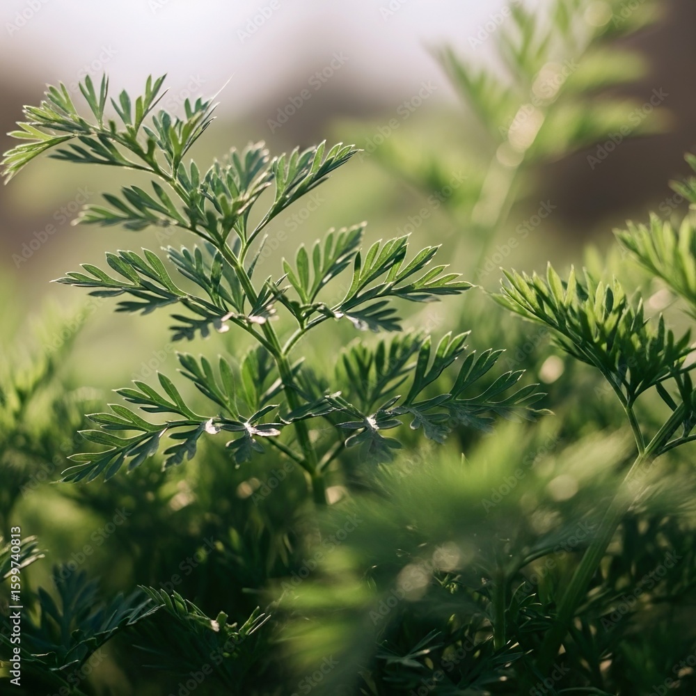 Naklejka premium Delicate carrot foliage glistening with morning dew, bathed in soft sunlight.