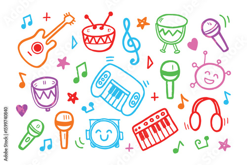 Colorful Musical Ensemble: A vibrant collection of musical instruments, meticulously illustrated in playful detail, bursting with creativity.