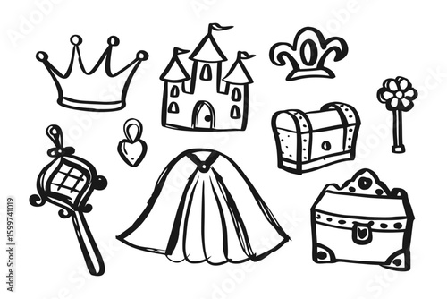 Royal Symbols Line Art: A collection of whimsical, hand-drawn line art, depicting various symbols of royalty, perfect for storybook illustration, design or creative projects.