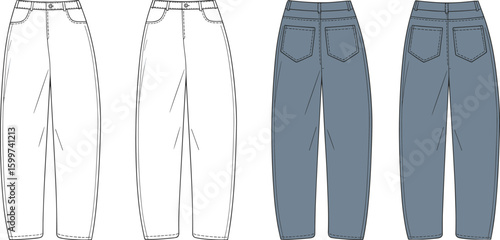 Women's denim pants front and back view flat sketch, high waist loose fit jeans fashion design vector template for apparel