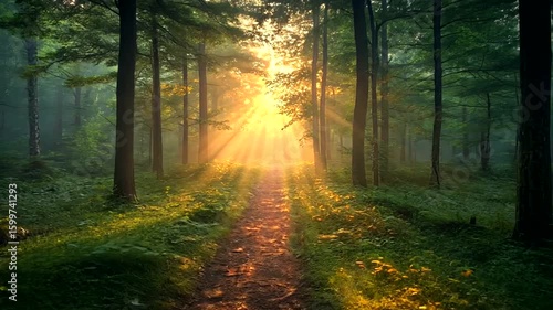 Sunlight streaming through a dense forest onto a winding pathway creates a tranquil scene