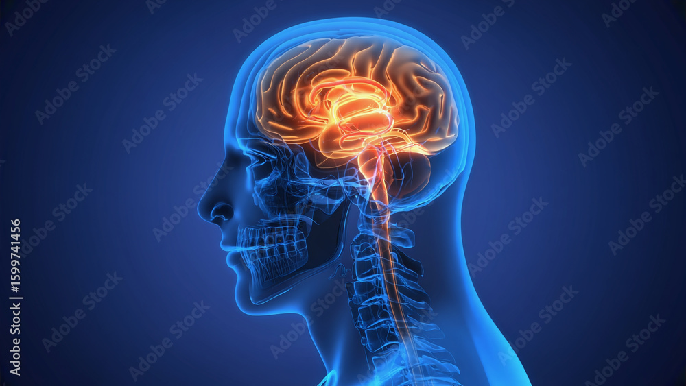 Obraz premium Brain Anatomy and Neural Pathways: A detailed, medical illustration highlighting the intricate structure of the human brain and neural pathways, visualized with vibrant and informative detail.