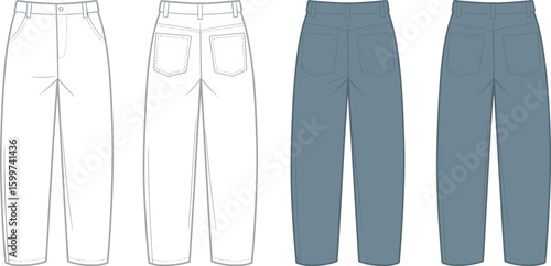 Women's relaxed fit jeans back view fashion flat sketch, high waist straight leg denim pants vector template for clothing design
