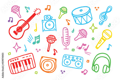 Harmonious Doodle of Musical Instruments: A vibrant, hand-drawn collection of musical instruments and notes creates a colorful, playful, and artistic representation of sound.