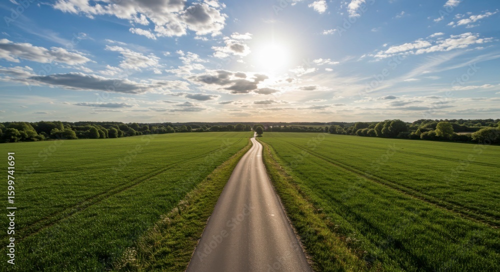 Country road stretching through expansive green fields under a vibrant sky Country road stretching through expansive green fields under a vibrant sky