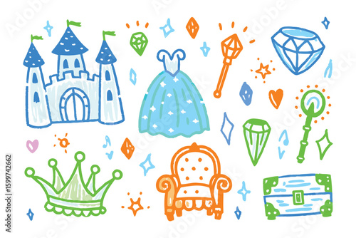 Whimsical Princess Elements: A charming collection of hand-drawn elements, capturing the magic and enchantment of royalty. Including a majestic castle, a beautiful gown, dazzling gems, a regal crown.