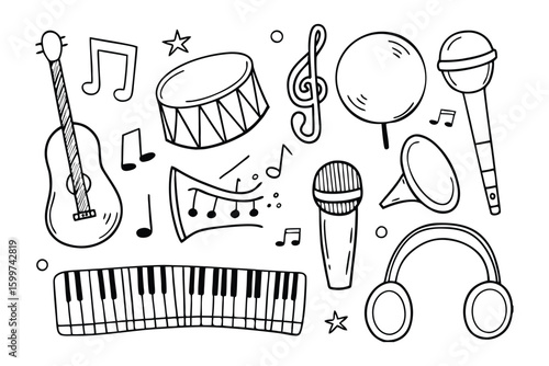Melody of Instruments: A collection of musical instruments elegantly drawn in black lines, embodying the symphony of creativity and passion.