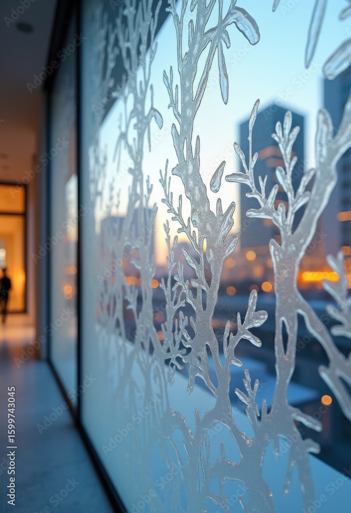 Fototapeta premium intricate icy patterns frosted glass creating luminous architectural detail, ornamentation, design, light, reflection, texture, transparency, shimmer