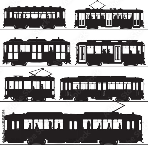 Vintage streetcars with passengers tram trolley
