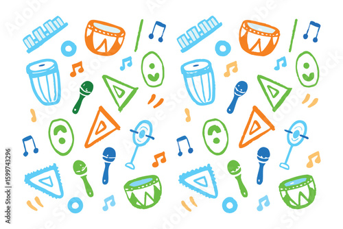 Musical Rhapsody: A vibrant assortment of musical instruments, from melodic pianos to percussive drums and playful maracas, dances across the visual plane, an abstract expression of sound and rhythm.