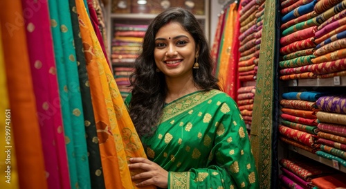 Woman in a sari amidst vibrant fabrics