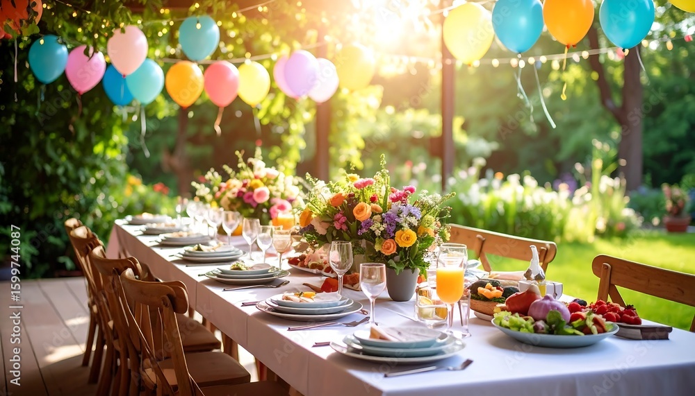 Obraz premium Outdoor garden party, sun-drenched table set for a festive celebration, with colorful balloons and floral arrangements