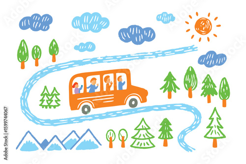 School Bus Adventure: Vibrant illustration of a cheerful school bus traversing a scenic route, the sun shines brightly and the trees stand tall, inviting a sense of adventure and learning.