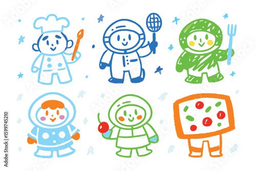 Little Figures' Culinary Dream: A whimsical array of adorable figures each embodying a different aspect of culinary arts, crafted in a playful, crayon-like illustration, evoking joy and creativity.