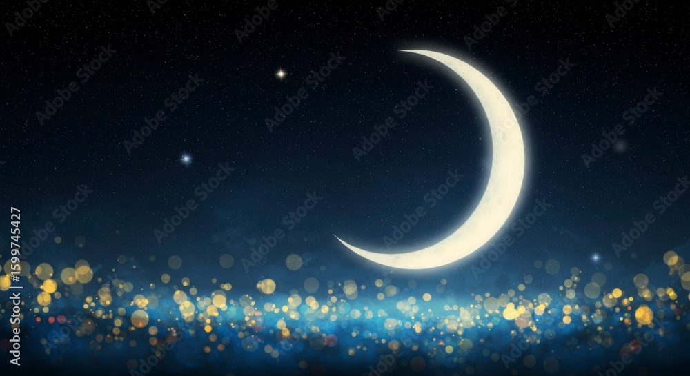 Naklejka premium A crescent moon shines brightly against a dark night sky, illuminated by sparkling lights below