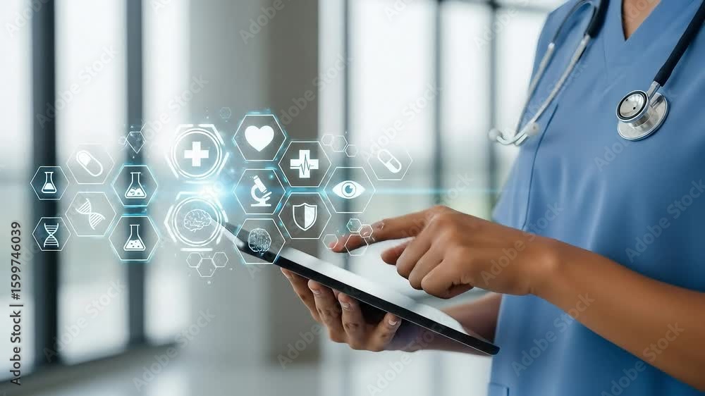 doctor holding digital tablet medical and health icon for futuristic ...
