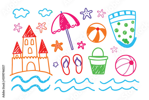 Beach Day Doodles: Whimsical sketches of beach essentials, perfectly capturing the carefree spirit of a sunny day, with a detailed doodle style and vibrant colors.
