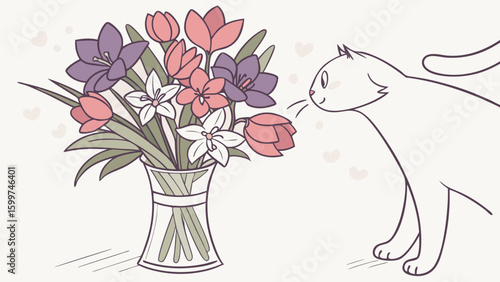 A cartoon cat smelling a vase of purple, pink, and white flowers in a simple, elegant illustration