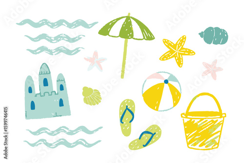 Hand-drawn beach accessories in summery palette, evoke the pure joy and relaxation of summertime. Capturing a fun-filled vacation moment.