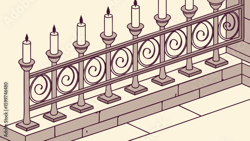 Illustration of a decorative railing with candle holders and lit candles on a stone structure