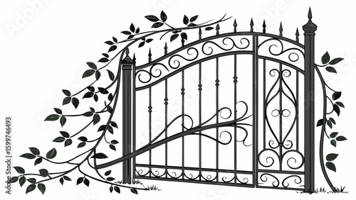 Illustration of an ornate metal gate with decorative swirls and climbing vines on a white background