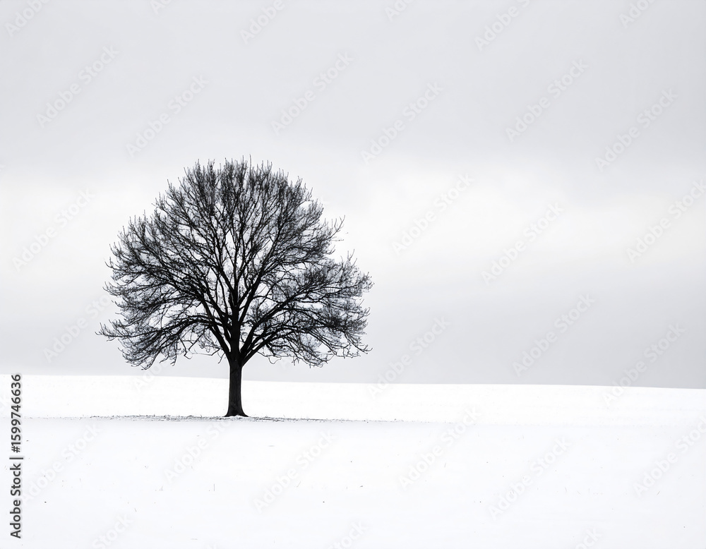 Fototapeta premium Lone Bare Tree in Monochrome Winter Landscape