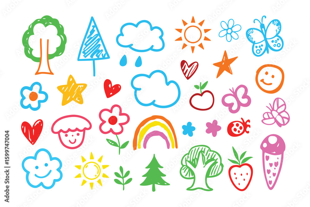 Childhood Dream: A vibrant collection of child-like drawings, radiating pure, unfiltered joy and wonder, showcasing the boundless creativity of a child's imagination. Childhood Dream: A vibrant collection of child-like drawings, radiating pure, unfiltered joy and wonder, showcasing the boundless creativity of a child's imagination.