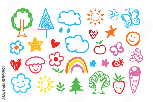 Childhood Dream: A vibrant collection of child-like drawings, radiating pure, unfiltered joy and wonder, showcasing the boundless creativity of a child's imagination. 