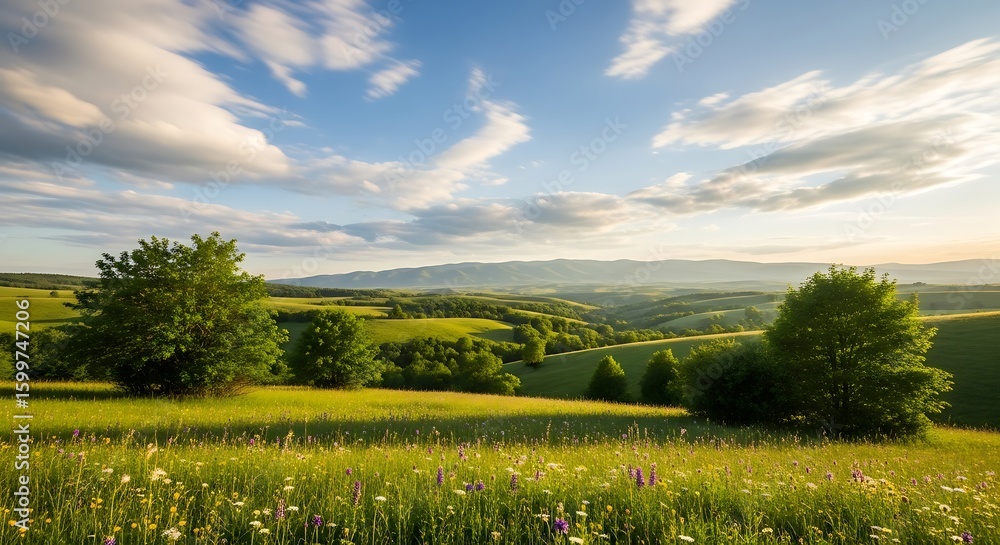 Obraz premium Serene Rolling Green Hills Under a Vast Blue Sky with Wispy White Clouds