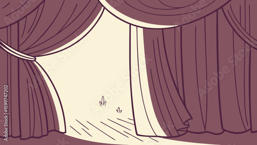 Illustration of a stage with maroon curtains partially open revealing a bright light behind them