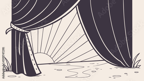 Illustration of a theatrical stage with dark curtains framing a sunlit scene and ground view